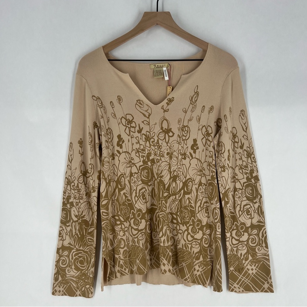 Bacci Beige Floral Print Ribbed Long Sleeve Split Neck Top NWT Size‎ M